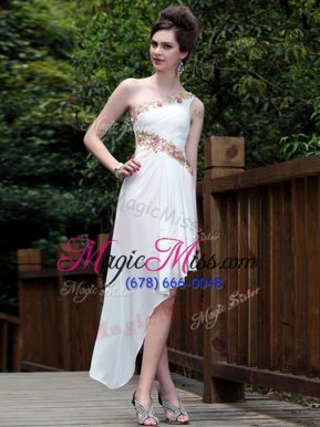 Flirting One Shoulder White Side Zipper Prom Gown Appliques Sleeveless Ankle Length
