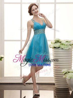 Decent Aqua Blue Organza Zipper Straps Sleeveless Knee Length Prom Dress Beading