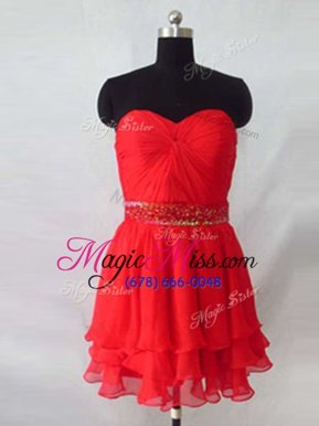 Romantic Red Organza Zipper Prom Gown Sleeveless Knee Length Beading
