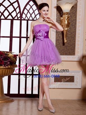 Comfortable Lilac Organza Zipper Strapless Sleeveless Mini Length Prom Dresses Belt and Hand Made Flower