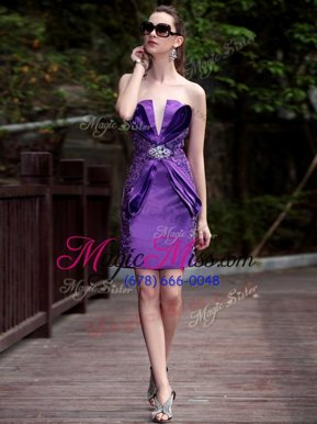 High Class Lavender Satin Zipper V-neck Sleeveless Knee Length Homecoming Dress Beading and Appliques