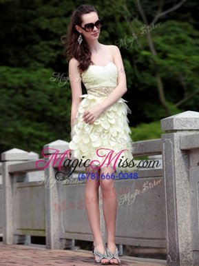 Glorious Beading and Ruffles Prom Dress Light Yellow Zipper Sleeveless Knee Length