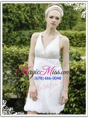 Fabulous White Sleeveless Knee Length Ruching Criss Cross Evening Dress