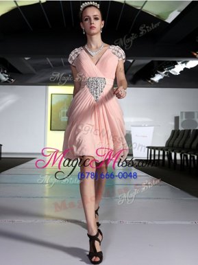 Sexy Knee Length Zipper Prom Gown Peach and In for Prom and Party with Beading