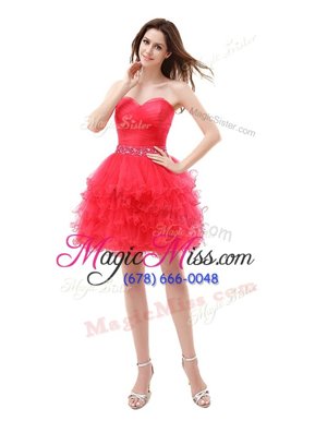 High Quality Beading and Ruffled Layers Red Zipper Sleeveless Knee Length