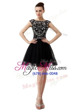 Sleeveless Tulle Knee Length Zipper Prom Party Dress in Black for with Beading