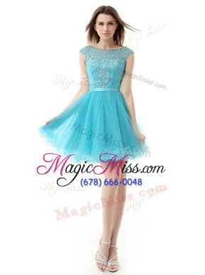 Dazzling Knee Length Aqua Blue Prom Evening Gown Bateau Sleeveless Zipper