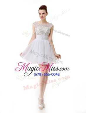 Modest White A-line Scoop Cap Sleeves Organza Mini Length Zipper Beading and Ruching Cocktail Dresses