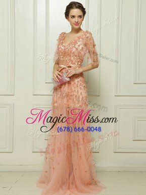 Beauteous Champagne Tulle Zipper V-neck Cap Sleeves With Train Homecoming Dress Brush Train Beading and Appliques