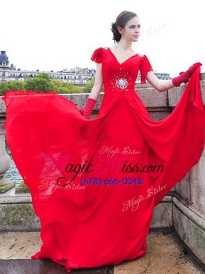Noble Chiffon V-neck Cap Sleeves Brush Train Lace Up Beading and Ruching in Red