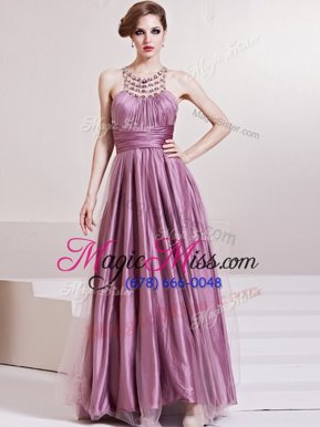 Top Selling Scoop Pink Sleeveless Floor Length Beading and Ruching Zipper Prom Dresses