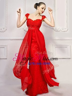 Colorful Brush Train Column/Sheath Prom Dresses Red Sweetheart Lace Cap Sleeves With Train Lace Up