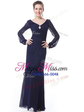 Sumptuous Navy Blue Column/Sheath Organza V-neck Long Sleeves Ruching Ankle Length Side Zipper Prom Dresses