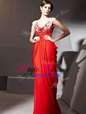 Noble Red V-neck Zipper Beading and Appliques and Ruching Prom Dress Cap Sleeves
