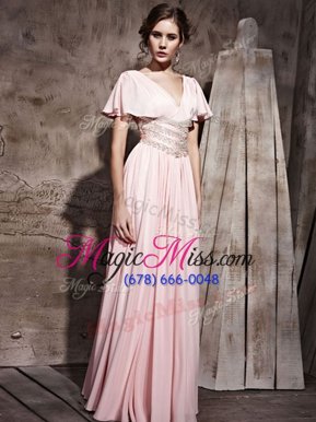 Pink Prom Dress Prom and Party and For with Beading and Ruching V-neck Short Sleeves Side Zipper