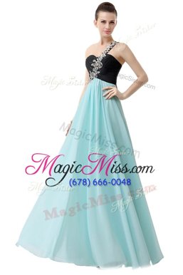 On Sale One Shoulder Black and Baby Blue Sleeveless Floor Length Beading and Ruffles Zipper Prom Evening Gown