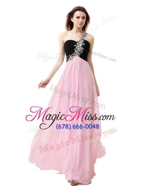 Unique Black and Baby Pink One Shoulder Neckline Beading and Appliques and Ruffles Evening Dress Sleeveless Zipper