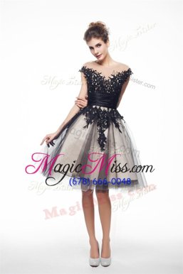 Black Evening Dress Prom and Party and For with Lace Scoop Cap Sleeves Zipper
