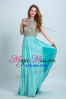 Attractive Scoop Beading Prom Dress Turquoise Backless Sleeveless With Brush Train