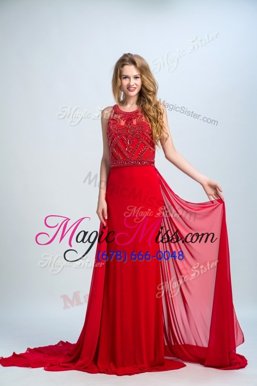 Scoop Red Side Zipper Prom Dress Beading Sleeveless With Train Court Train