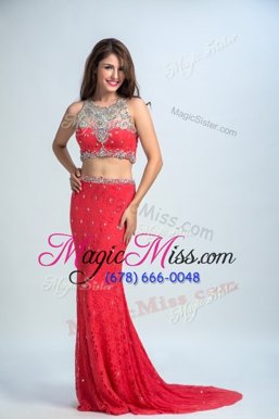 Custom Fit Mermaid Scoop Sleeveless Chiffon With Brush Train Zipper Evening Dress in Watermelon Red for with Beading