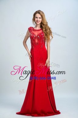 Sophisticated Scoop Watermelon Red Mermaid Beading Prom Evening Gown Side Zipper Chiffon Sleeveless With Train