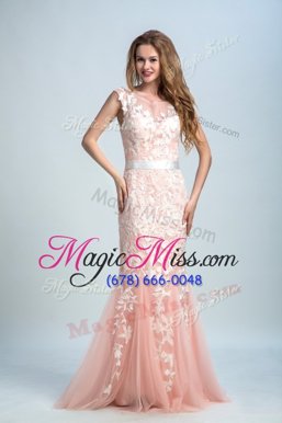 Hot Sale Peach Bateau Neckline Lace Prom Evening Gown Sleeveless Zipper