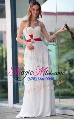 Glorious Belt Prom Dresses White Side Zipper Sleeveless Floor Length