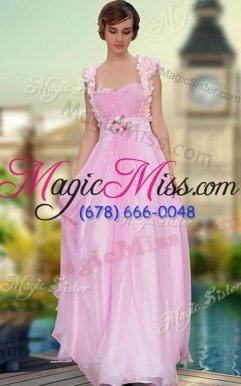 Popular Rose Pink Sleeveless Belt and Hand Made Flower Floor Length Homecoming Dress
