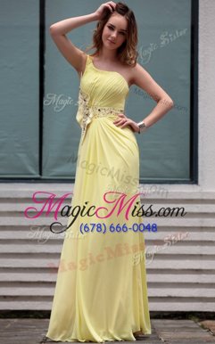 Decent One Shoulder Sleeveless Floor Length Beading Side Zipper Prom Dress with Light Yellow