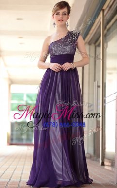 Customized Purple Side Zipper One Shoulder Beading and Appliques Prom Evening Gown Chiffon Sleeveless
