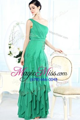 Cute Green Side Zipper One Shoulder Appliques Prom Gown Chiffon Sleeveless