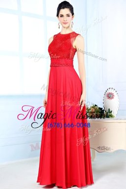 Perfect Scoop Floor Length Zipper Prom Dresses Red and In for Prom and Party with Beading