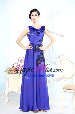 Modest Royal Blue Dress for Prom Prom and Party and For with Appliques Scoop Sleeveless Backless