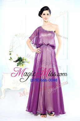Customized Lilac Prom Party Dress Prom and Party and For with Beading One Shoulder Half Sleeves Side Zipper