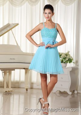 Spaghetti Straps Beaded Decorate Bowknot Aqua Blue With A-line Prom / Cocktail Dress