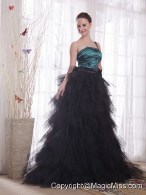 Black and Peacock Green A-line / Princess One Shoulder Brush Train Tulle Appliques and Ruch Prom / Celebrity Dress