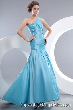 Cheap Aqua Blue Prom / Evening Dress Mermaid One Shoulder Ruch Floor-length Taffeta