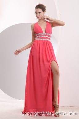 Sexy Watermelon Red Prom / Evening Dress Halter Brush Train Chiffon Beading Empire