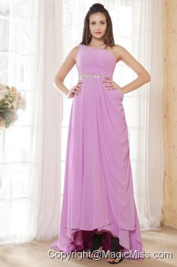 Lavender Empire One Shoulder Chiffon Ruch and Beading Prom Dress High-low