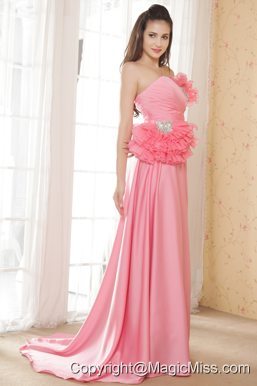Watermelon Empire Sweetheart Prom Dress Hand Made Flower and Beading Chiffon Brush Train