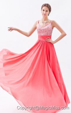 Coral Red Empire Straps Chiffon Prom Dress Beading Floor-length