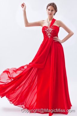 Red Empire One Shoulder Prom Dress Beading Floor-length Chiffon