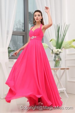 Beading Ruching Hot Pink Halter Long Prom Dress