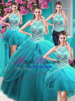 Fashion Four Piece Pick Ups Ball Gowns Quinceanera Dress Aqua Blue Halter Top Tulle Sleeveless Floor Length Lace Up