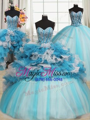 Amazing Organza and Tulle Sweetheart Sleeveless Lace Up Beading and Ruffles Quince Ball Gowns in Blue And White
