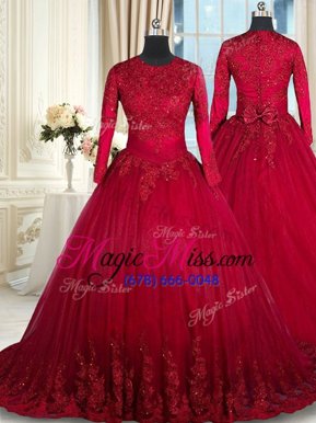 Suitable Scoop Long Sleeves Clasp Handle Floor Length Beading and Lace and Bowknot Quinceanera Gown