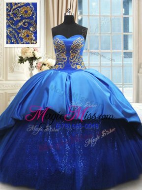 Shining Royal Blue Ball Gowns Satin Sweetheart Sleeveless Beading and Embroidery With Train Lace Up Quinceanera Gown Court Train