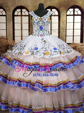 Delicate Straps Straps Ruffled White Sleeveless Organza and Taffeta Lace Up Quinceanera Dress for Military Ball and Sweet 16 and Quinceanera