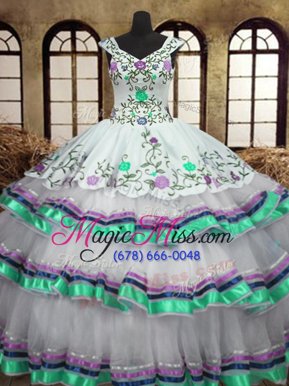 New Style White Organza and Taffeta Lace Up Straps Sleeveless Floor Length Quinceanera Dresses Embroidery and Ruffled Layers